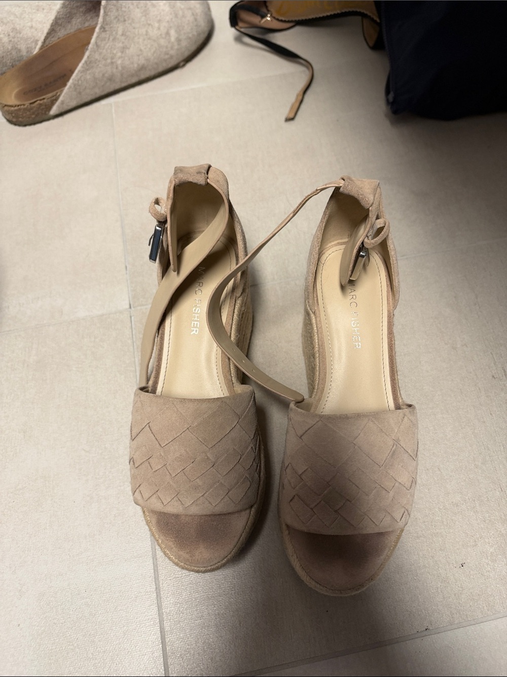 Marc Fisher Tan Suede Espadrille Wedges with Ankle Tie
